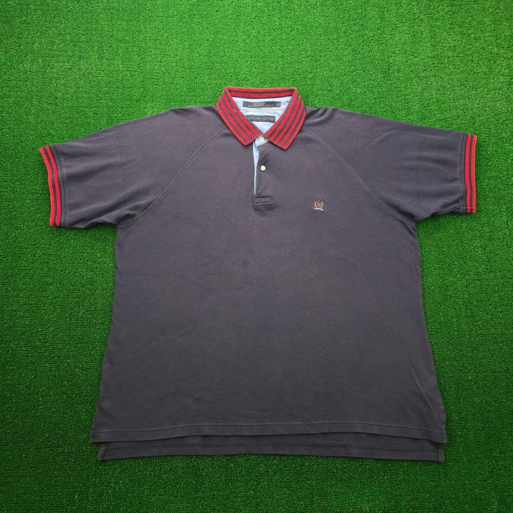 Tommy Hilfiger Polo Shirt Mens XL Blue Red Trim Collar Short Sleeve Cotton